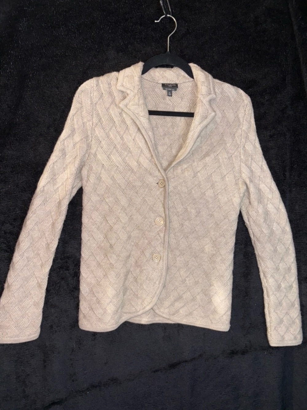 Talbots Petites Pure Merino Wool Basketweave Knit Cardigan Jacket SP Beige EUC